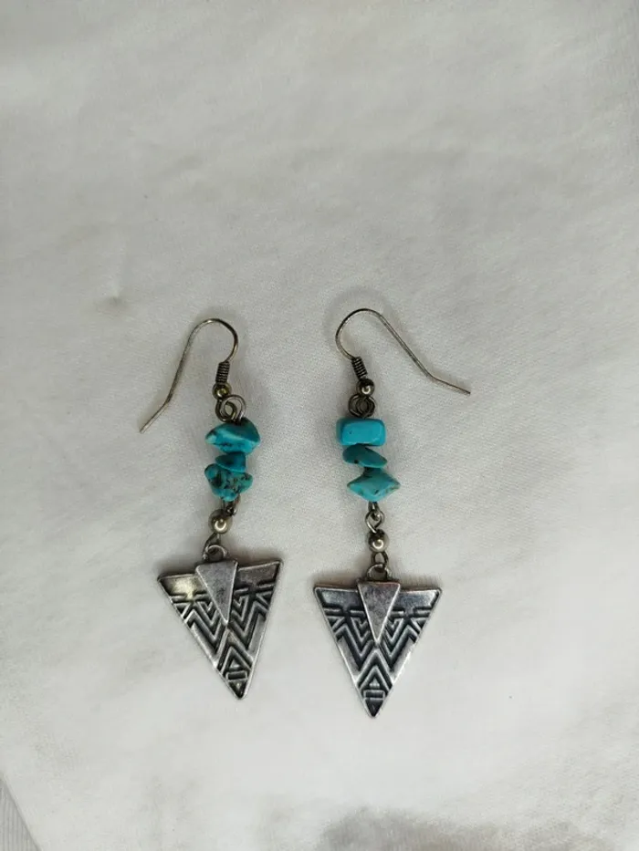 Boucle d'oreille pendantes motifs aztèque - pierre turquoise triangle - photo numéro 2