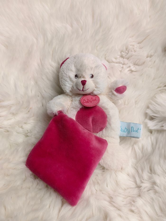 Doudou mouchoir peluche pantin ours ourson câlins Baby Nat BN071 Blanc Rose