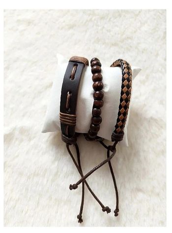 Lot 3 bracelets homme simili cuir perles bois marron style roots ethnique