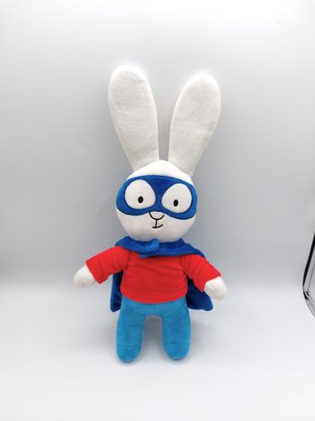 Peluche doudou lapin Simon super lapin PLAYBAC école des loisirs 40 cm blanc rouge cape bleue