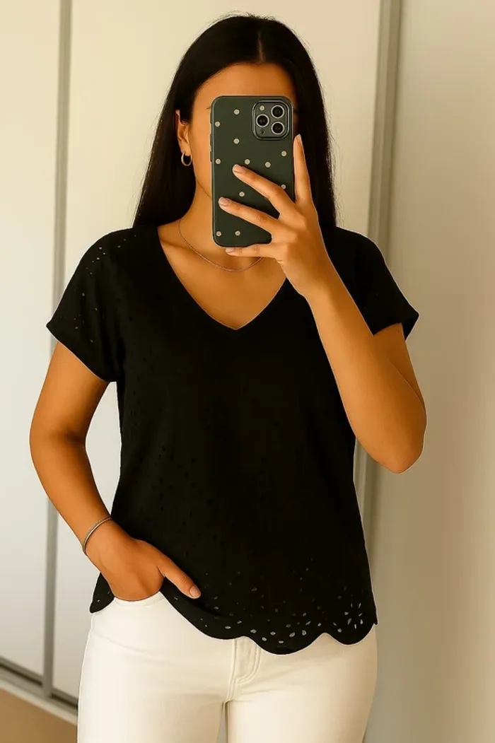 Blouse broderies ajourée à fleurs