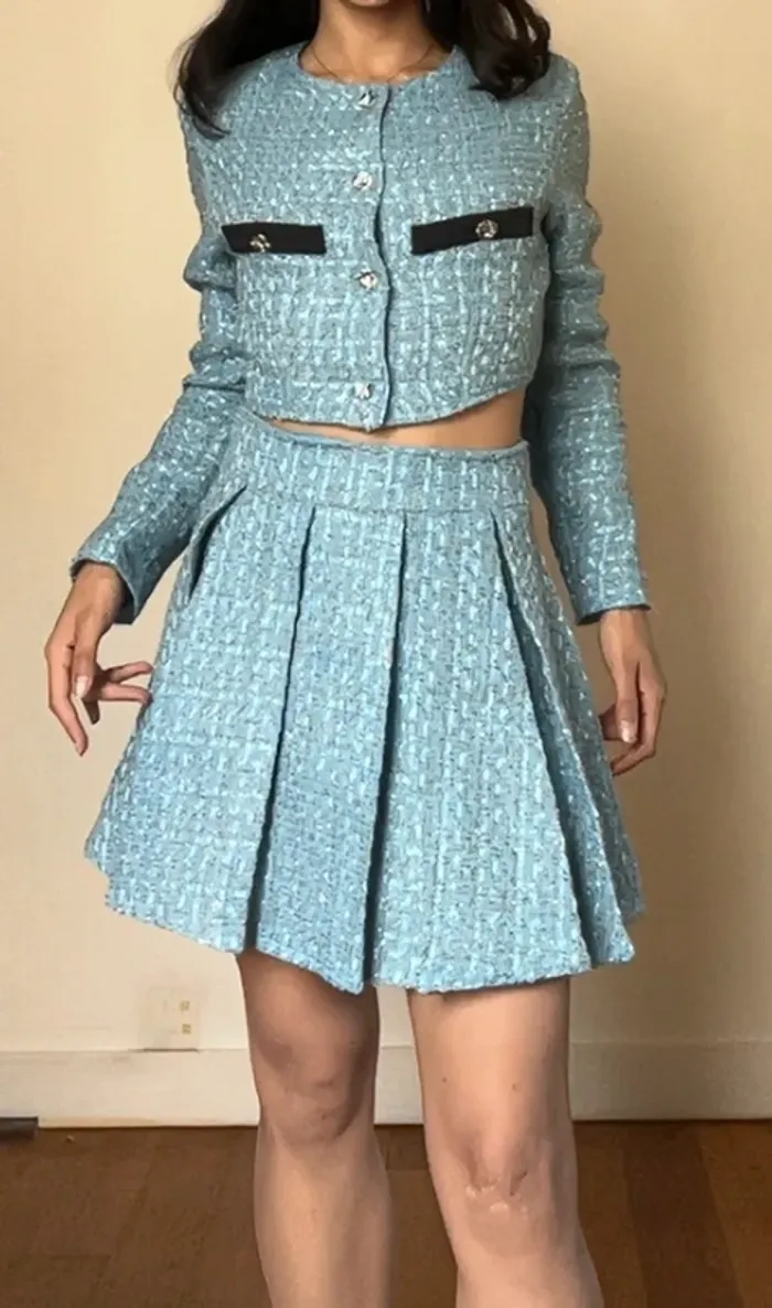 Superbe ensemble veste manches longues et Jupe à carreau élégant en tweed - photo numéro 2
