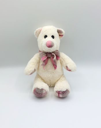 Peluche doudou ours blanc Primatis B coeur écharpe polaire rose carreaux 24 cm