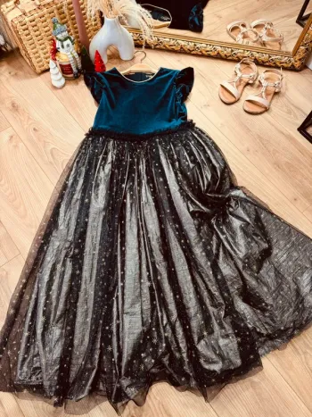 Taille 10 ans Robe longue créateur fille TAO bleu marine doré * velours tulle * 💙