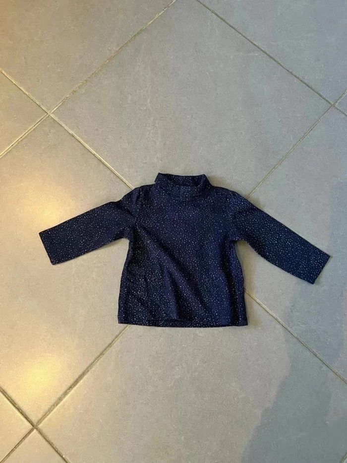 T-shirt avec col montant - " Petits points blanc " - DPAM - Manches longues - Bleu marine - 12 mois