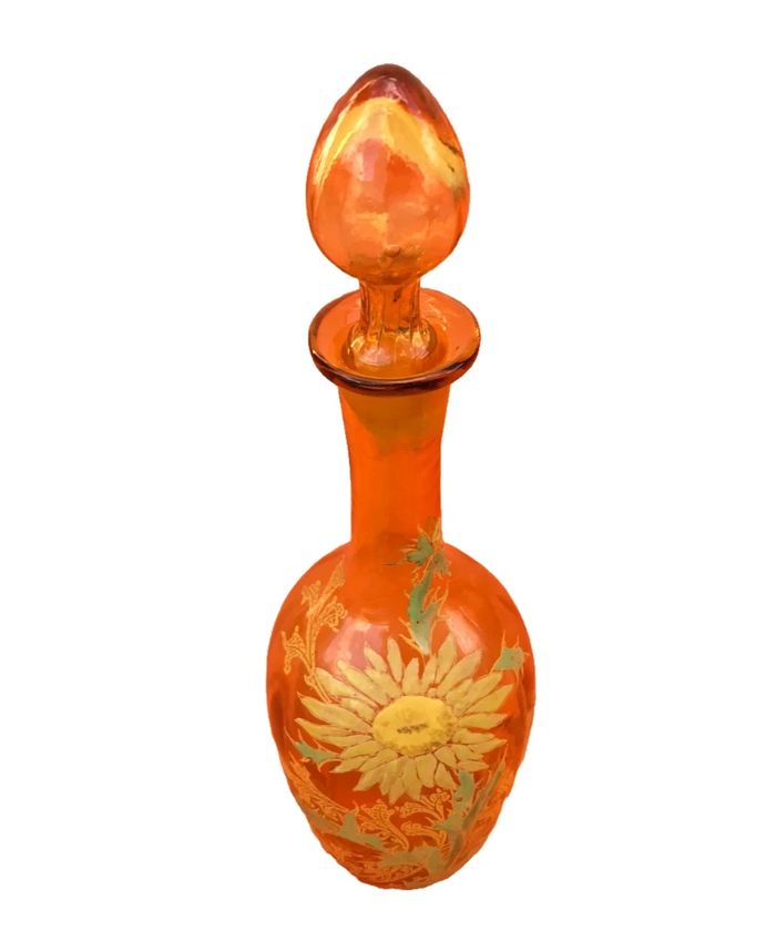 Années 1900'  Carafe à liqueur Verre ambre soufflé et émaillé  Décor tournesol - photo numéro 8
