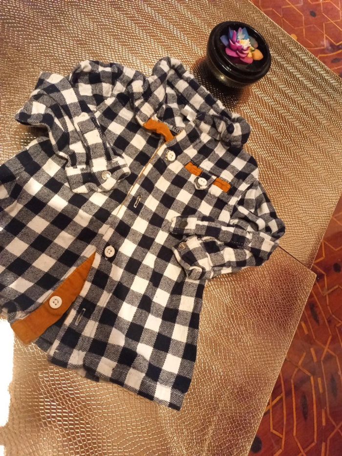 Chemise mixte à carreaux noir blanche et ocre - photo numéro 2