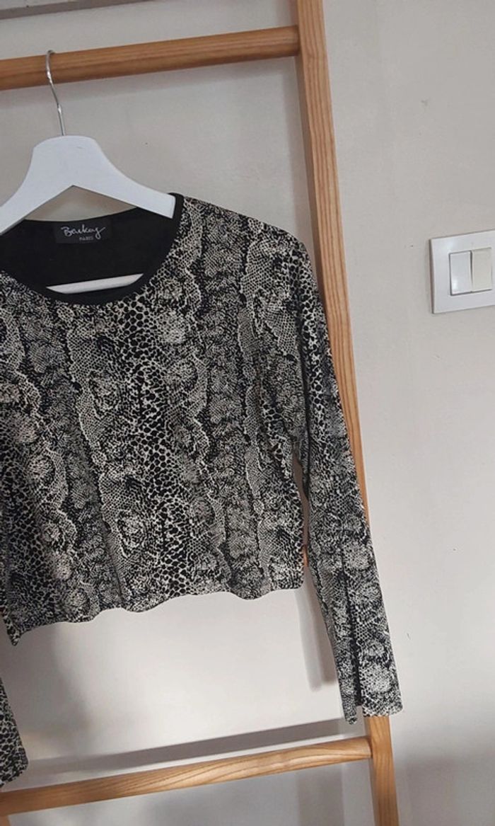 Haut court top croc crop reptile noir beige T 36 - photo numéro 5