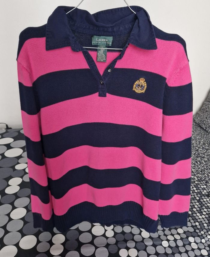 Pull Lauren Ralph Lauren – Rayé rose et bleu marine (100 % coton)