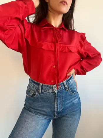 Chemisier vintage cowboy rouge à volants taille XL 🍓