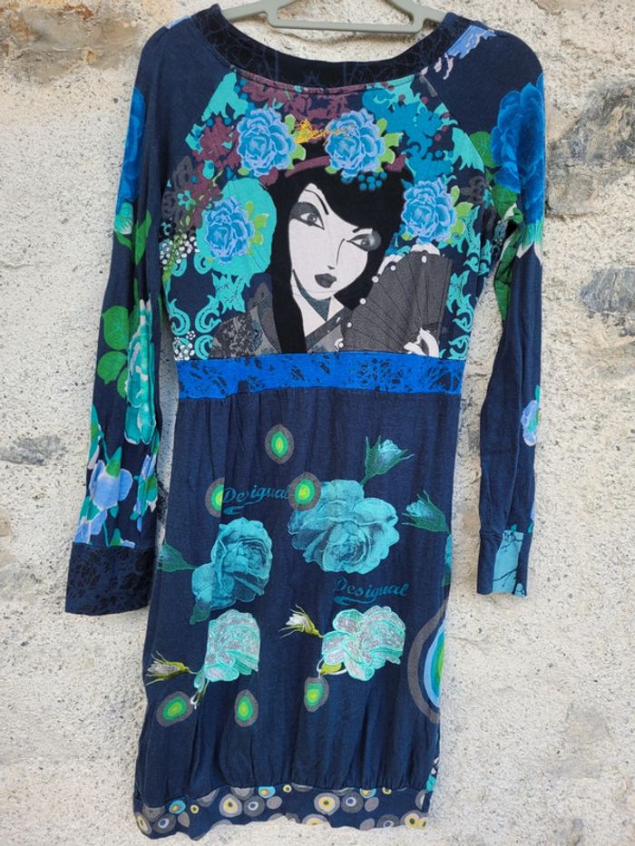 Superbe robe boule Desigual, tons bleus et verts, manches longues, taille M (40) - photo numéro 9