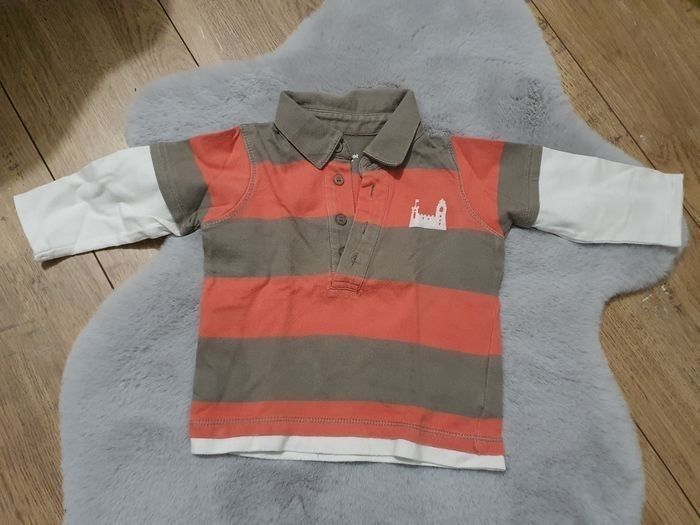 Polo manches longues rayé kaki et orange Vertbaudet 12 mois