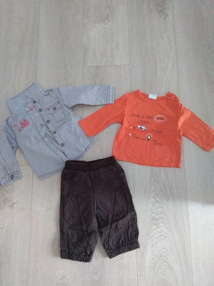 Ensemble garçon 5 pièces marron et orange pantalon chemise chaussettes Tape à l'oeil 9 mois