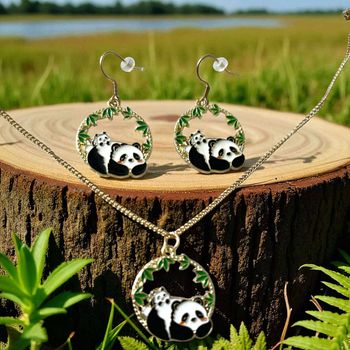 Parure Panda Maman & Bébé – Rond Doré & Bambou Vert