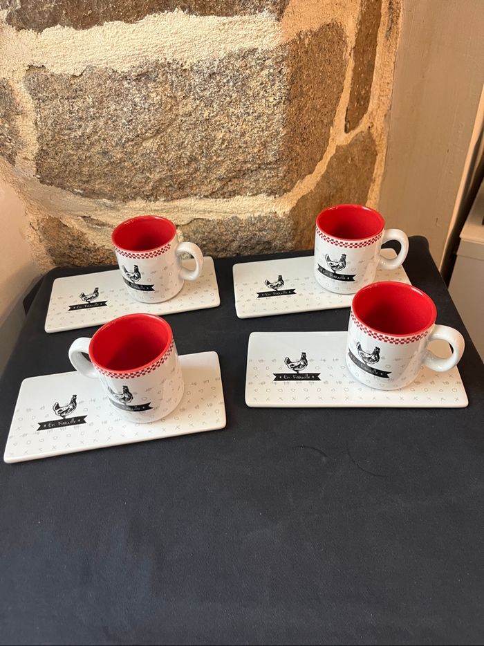 Magnifique lot de 4 tasses et 4 sous tasses  style campagne, poules - photo numéro 2