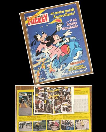 Ancien Journal de Mickey avec cadeau Dossier Tour de France Poster + vignettes N°1464 1980 vintage