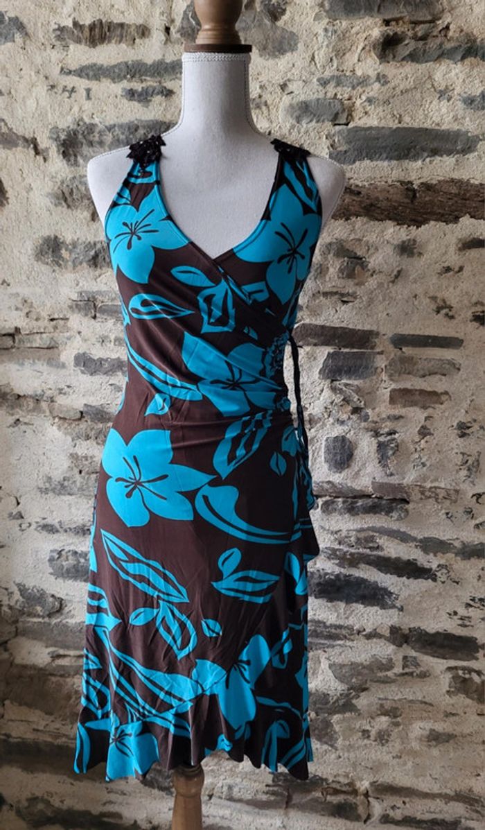 Robe longue d'été à fleurs hawaïennes turquoise marron dentelle au dos La Redoute Taille 36/38 - photo numéro 2
