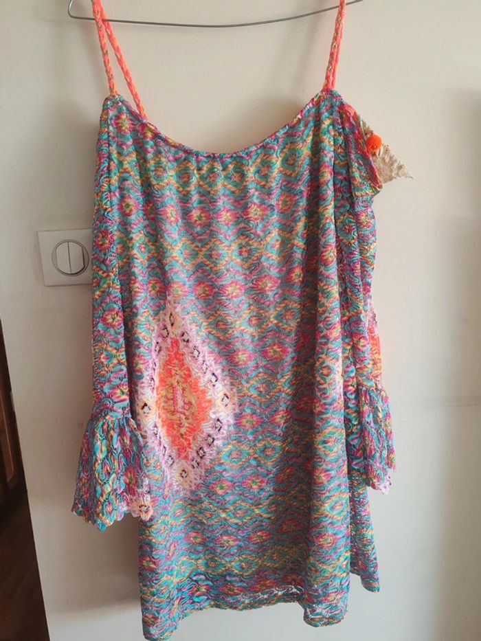 Robe de Plage / Tunique Just M - Maille Colorée & Pompons - NEUF T.L - photo numéro 3