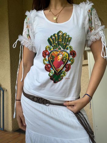 Tee-shirt coquette à sequins Ibiza bohème champêtre barok hippie vintage Frida Kahlo neuf