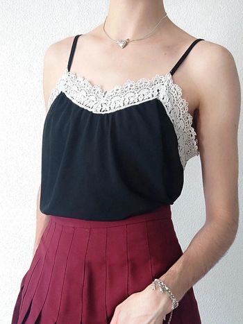 Débardeur noir col dentelle blanc / Jie - 36/S à 38/M
