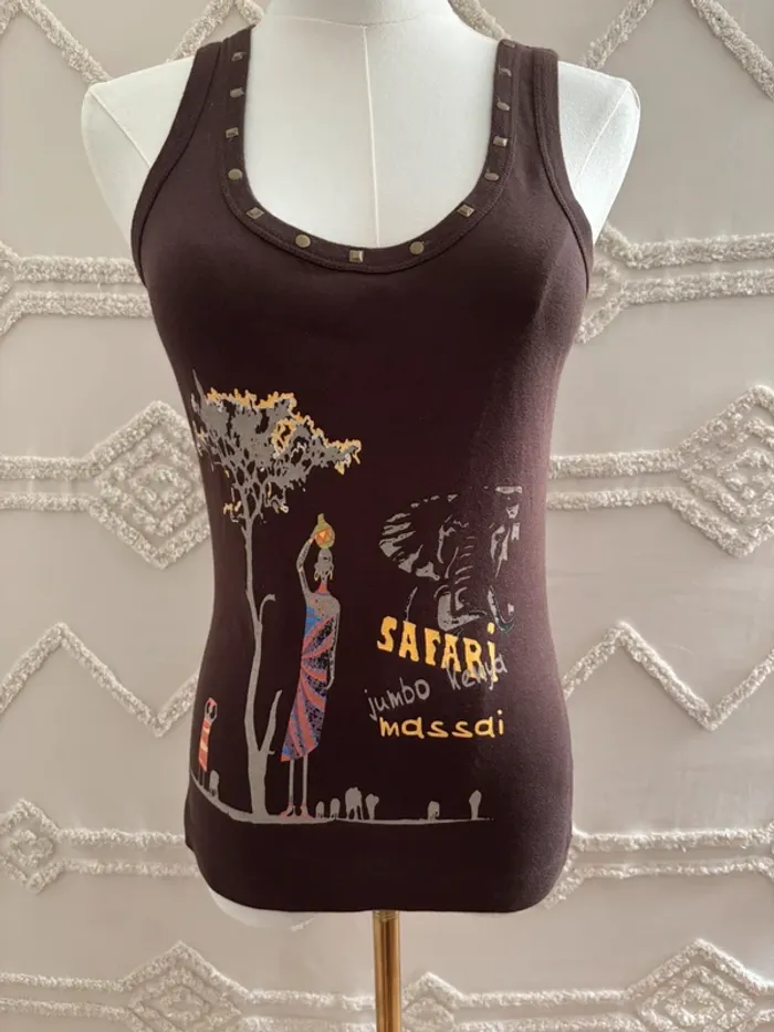 Débardeur marron tribal ethnique Karboon – motif Massai, vibes earthy / afrofuturiste – taille M