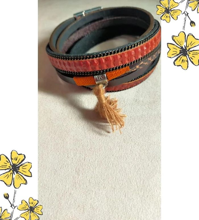 Bracelet multirangs fantaisie – Tons chauds & pampille beige - photo numéro 2