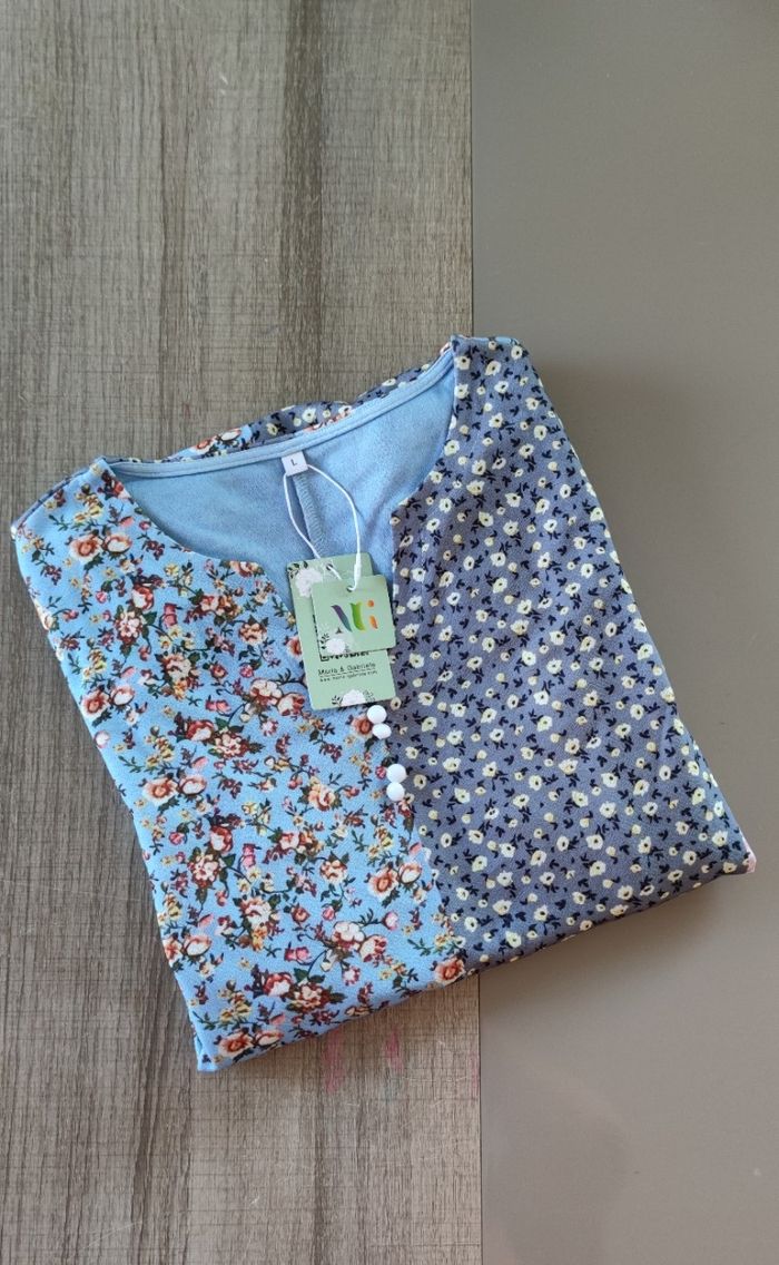 Robe longue fleurie bleu et rose femme taille L – neuve, col V manches 3/4 - photo numéro 8