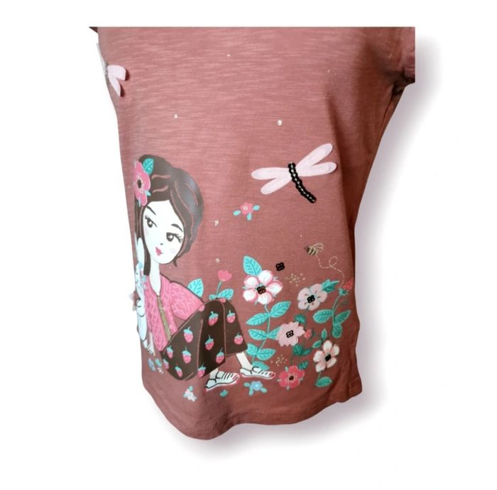T shirt marron manches froufrous dentellées motifs pailletés fleurs 3D C&A taille 10 ans - photo numéro 2