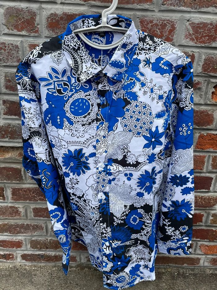 Chemise manches longues homme motif floral bleue vintage chinois - photo numéro 2