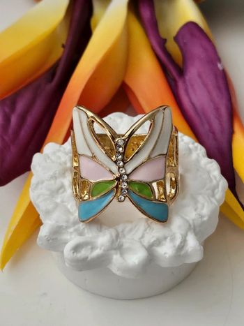 Bague papillon et zircoms en acier inoxydable