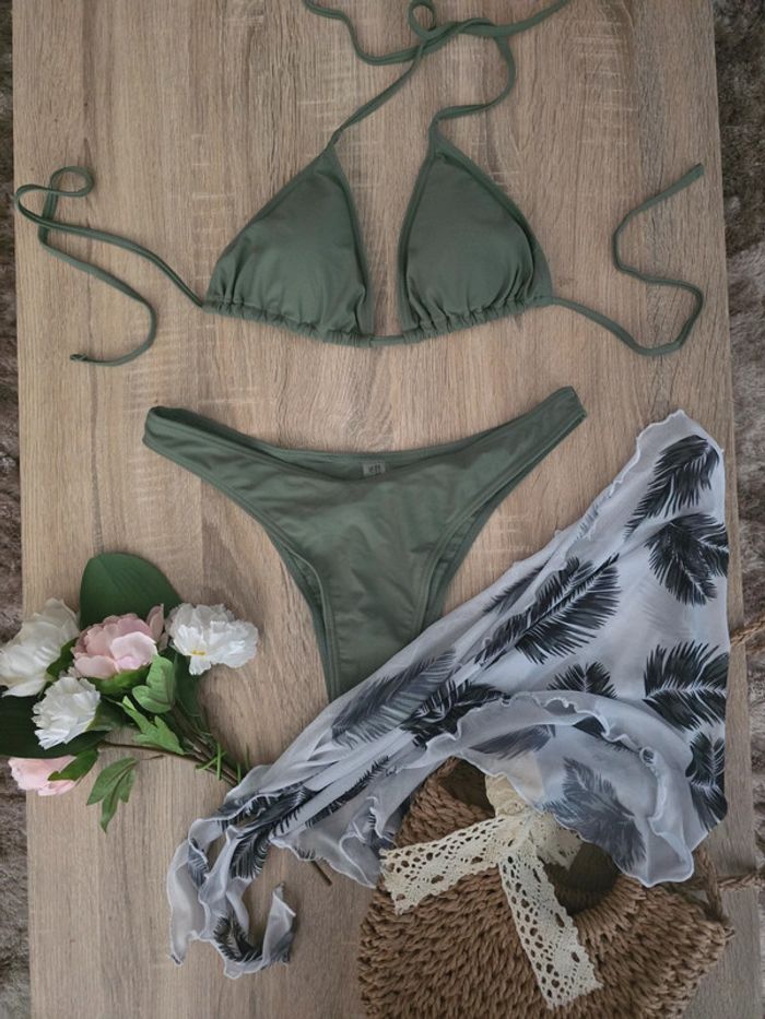 Bikini kaki + pareo tropicale taille L