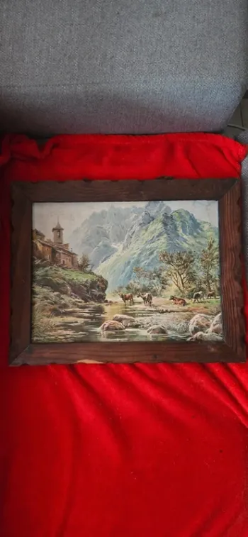 Tableau ancien, montagne/village et vache