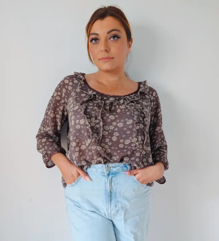 Blouse légère transparentes à volant ample fluide gris beige fleuri style bohème 1 23 taille 40 - photo numéro 3