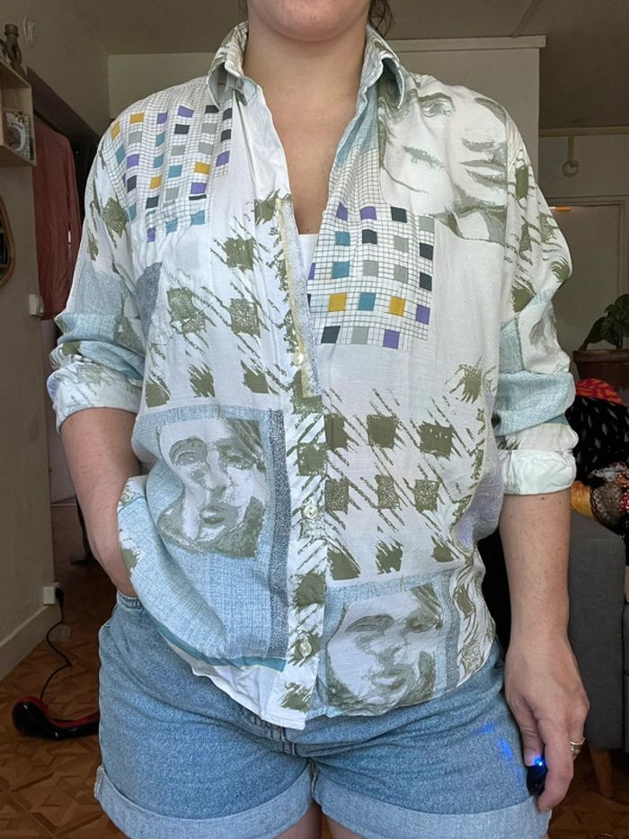 Chemise vintage blanc bleu clair kaki loose 36 38