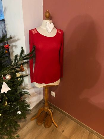 Top ML coton/dentelle rouge Camaïeu T38