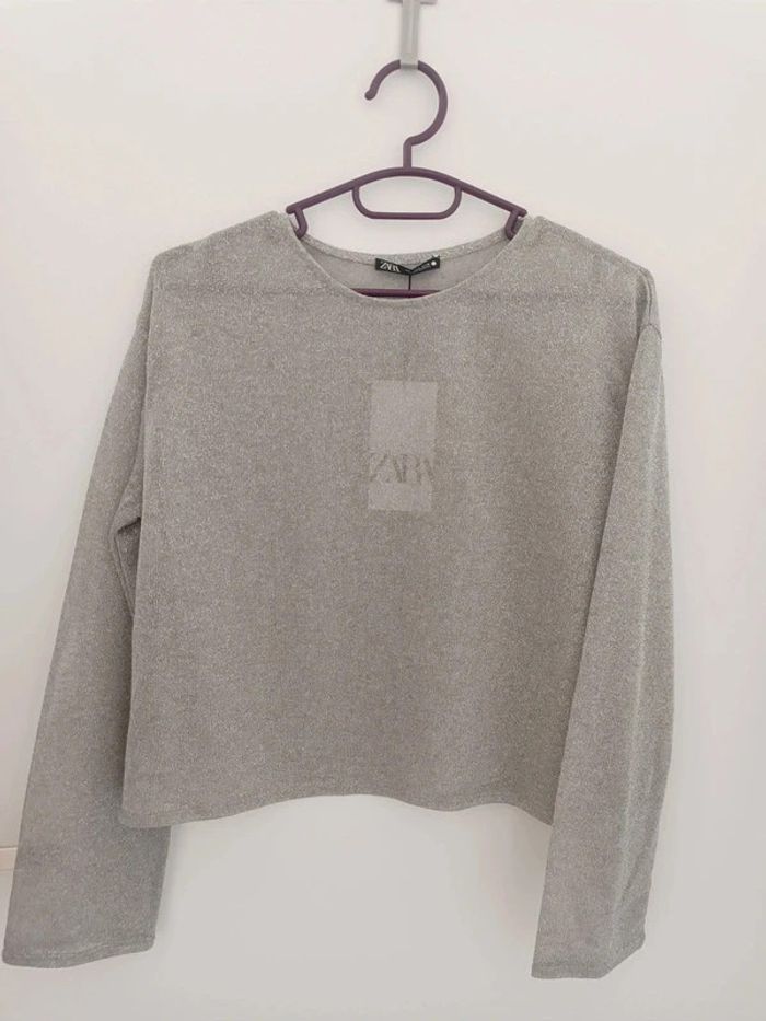 Haut transparent tissé léger gris brillant lurex argenté Taille S Zara Neuf avec étiquette - photo numéro 2