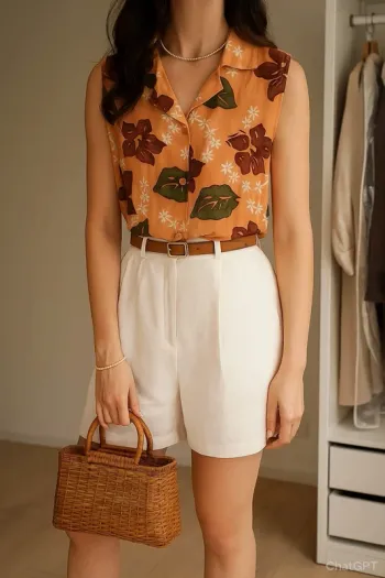 Chemise sans manche summer tropical motif hibiscus orange  made in France