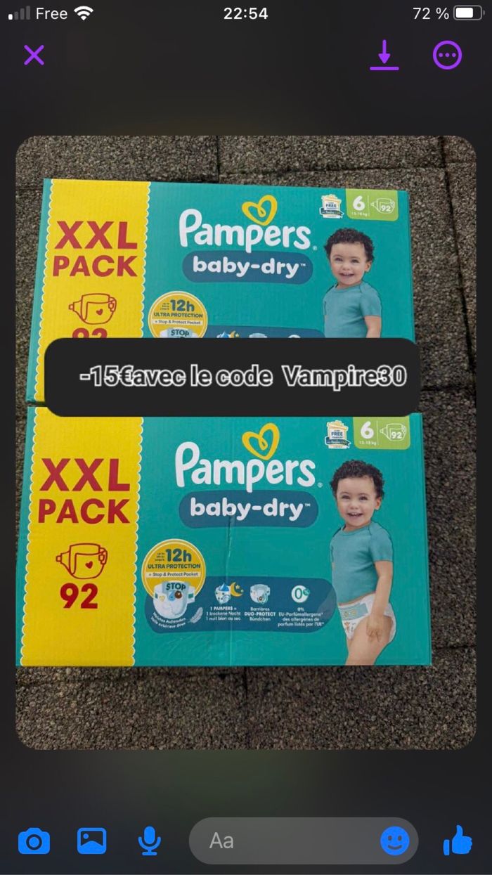 2 carton de couche Pampers taille six