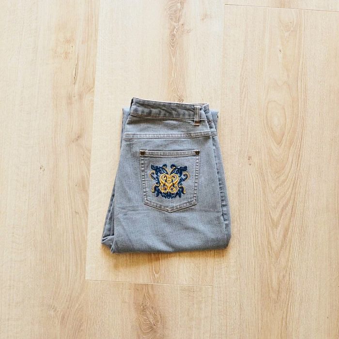 Vintage Jeans Wide Large Regular Gris Femme Coeur brodé Exclusive Mode (Taille 40)