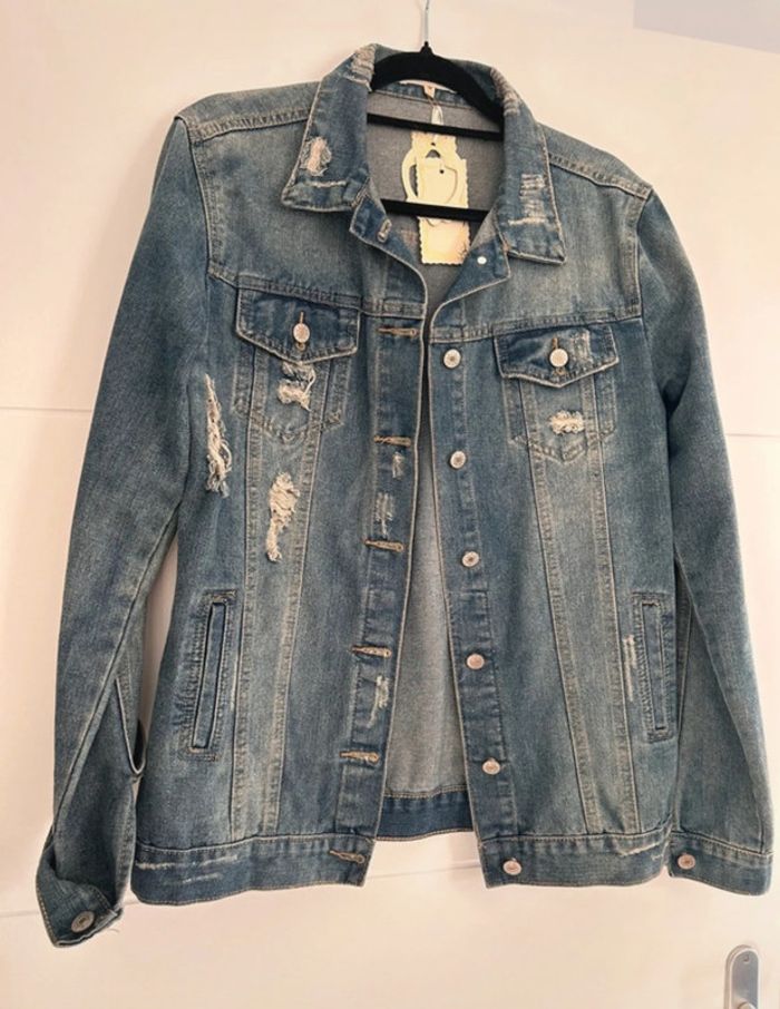 Veste jean vestido M bleu denim manches vest manteau blouson Giacca chaqueta destroy jacket jas - photo numéro 5