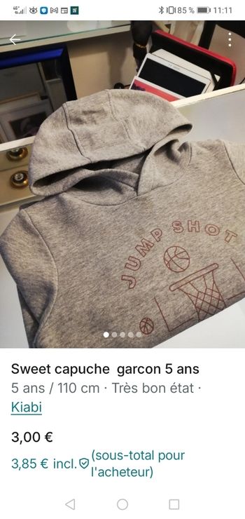 Sweat capuche gris clair 5 ans
