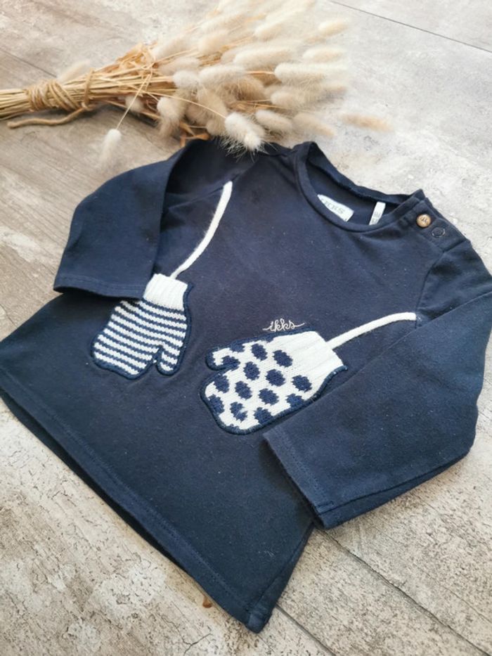 🌺IKKS 6mois Très joli teeshirt manches longues bleu marine et blanc pois rayure blanc moufles fille - photo numéro 7