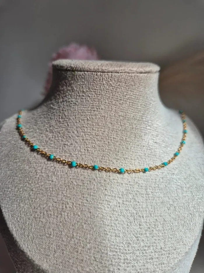 Collier ras du cou 41,5 cm En acier inoxydable perles turquoise - photo numéro 3