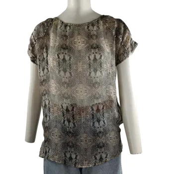 Top IKKS imprimé python soie et polyester, manches courtes cloutées, taille S A1205