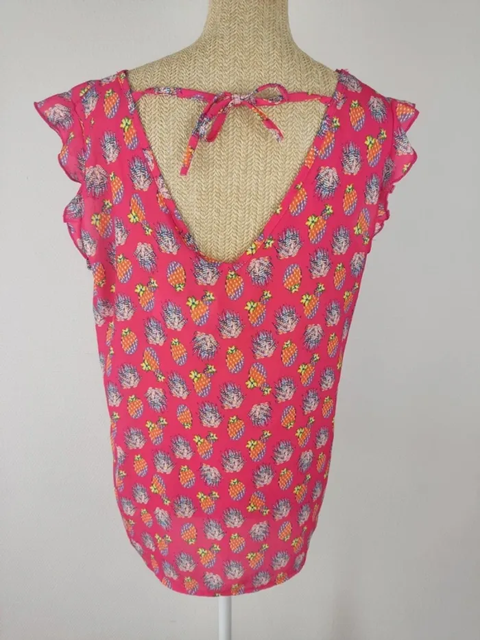 Blouse manches courtes volants rose fuschia motifs cactus colorés taille 44 Eldys neuve - photo numéro 2