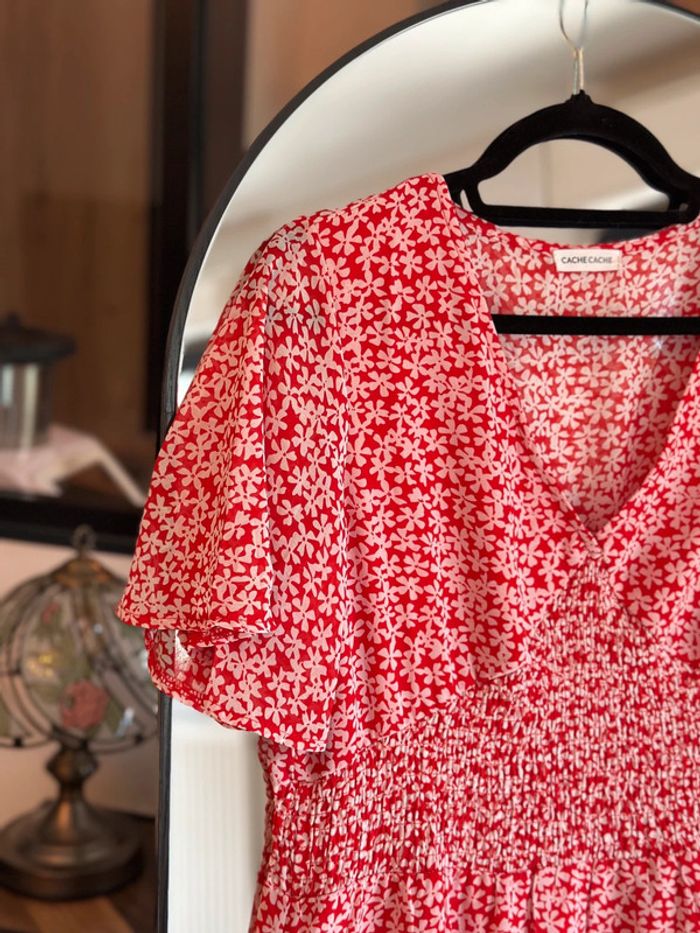Robe courte rouge imprimé floral blanc Cache Cache taille 40 - photo numéro 2