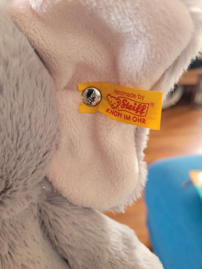 Peluche Éléphant Steiff 30cm gris rose doudou collection étiquette jaune très doux - photo numéro 3