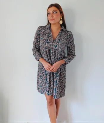 Robe courte trapèze vert foncé fleurie casual chic charlior taille 40
