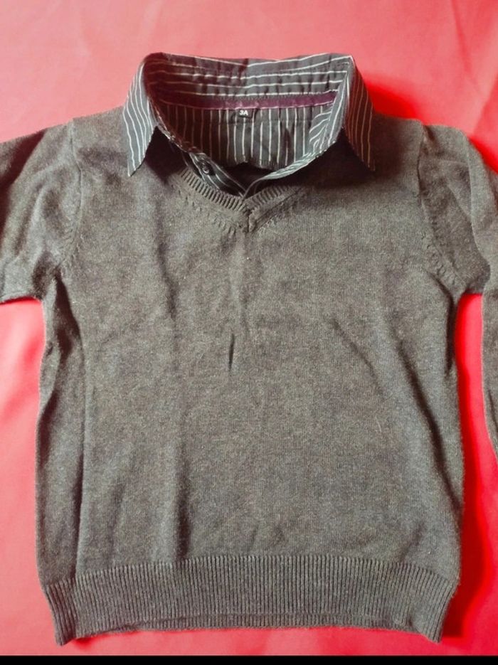 Pull avec fausse chemise intégré au col taille 3 ans gris foncé - photo numéro 2