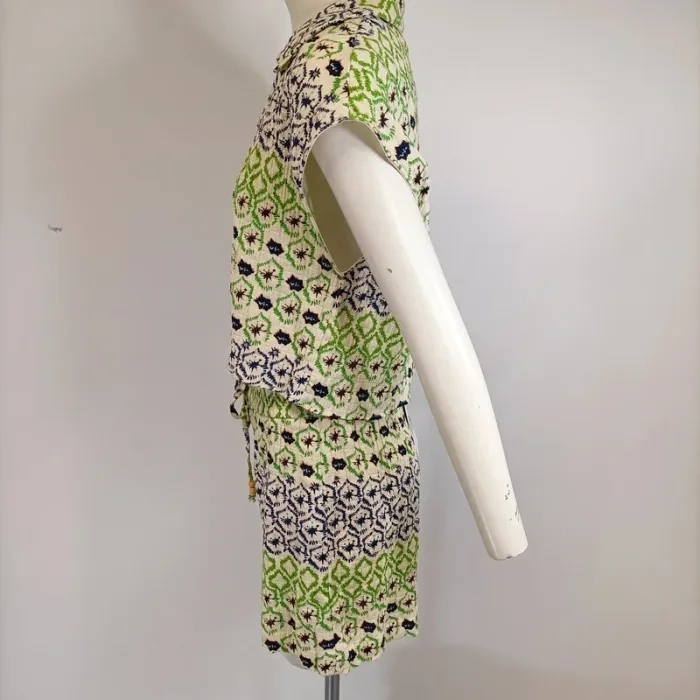 Ensemble ZARA coton imprimé ethnique vert bleu M haut boutonné + short taille cordon A567 - photo numéro 3